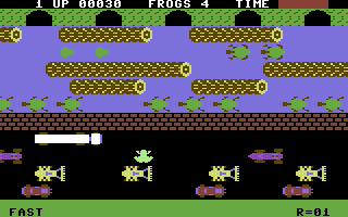 Frogger (Commodore 64) screenshot: The frog is crossing the road...(Parker cartridge version)