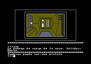 Megacorp (Amstrad CPC) screenshot: The cargo hold. Exit: North. Also, I see a pistol.