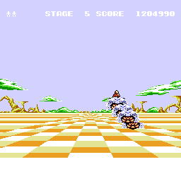 Space Harrier (NES) screenshot: Riding some sort of a dragon