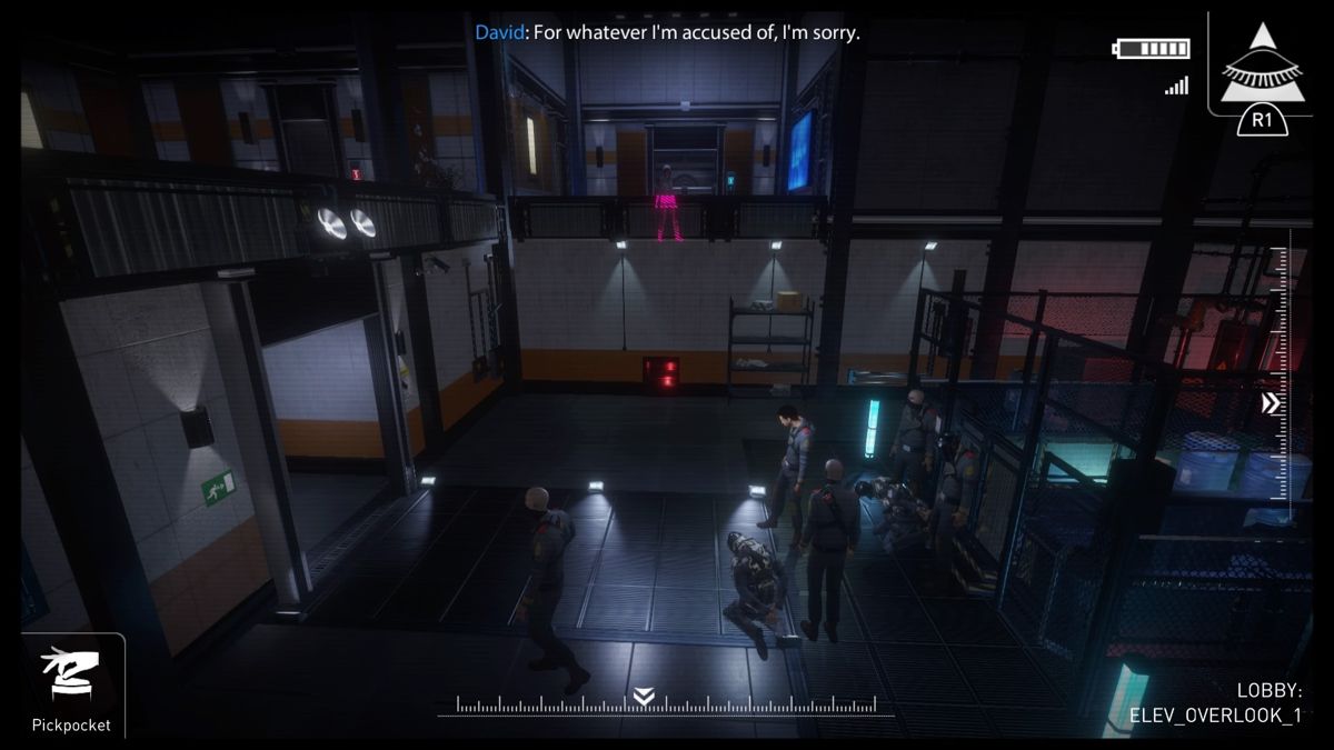 République (PlayStation 4) screenshot: Episode 3 - The two guards I've set up are being taken care of