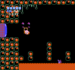 Metroid (NES) screenshot: Using the screw attack to kill an enemy.