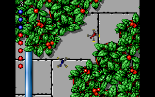 Micro Machines (DOS) screenshot: Flying choppers in the garden...
