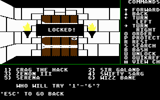 Might and Magic: Book One - Secret of the Inner Sanctum (DOS) screenshot: Trying to unlock a door