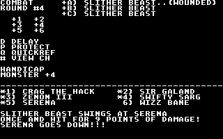 Might and Magic: Book One - Secret of the Inner Sanctum (DOS) screenshot: Exciting text combat!!!