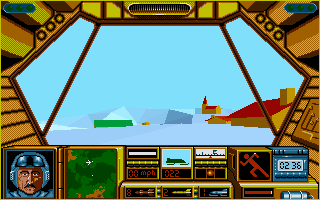 Midwinter (DOS) screenshot: Coming into a settlement.