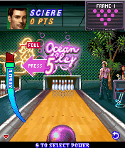 Midnight Bowling (J2ME) screenshot: Welcome to the Ocean Alley. You can select the power of your throw on the left.