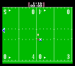 Tecmo Bowl (NES) screenshot: The ball is marked with X. This field goal wasn't very successful...