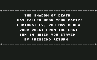 Might and Magic: Book One - Secret of the Inner Sanctum (Commodore 64) screenshot: I have been killed but I can continue at the last inn if I press 'Return'