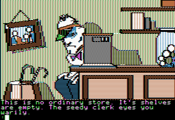 Mindshadow (Apple II) screenshot: Hmm, this clerk doesn't trust you...