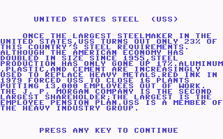 Millionaire: The Stock Market Simulation (Commodore 64) screenshot: Description of U.S. Steel