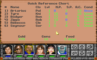 Might and Magic: World of Xeen (DOS) screenshot: The quick reference screen, always handy.