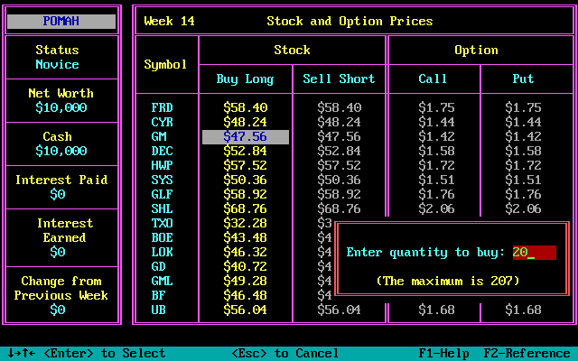 Millionaire: The Stock Market Simulation (Release 2) (DOS) screenshot: Buying stocks