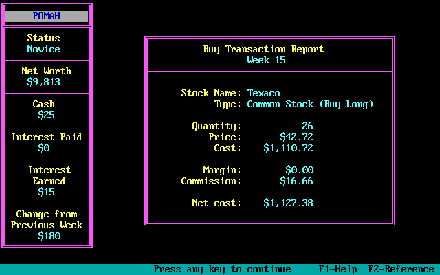 Millionaire: The Stock Market Simulation (Release 2) (DOS) screenshot: Buy Transaction report