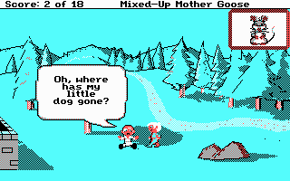 Mixed-Up Mother Goose (DOS) screenshot: You need to find a little dog somewhere (CGA)