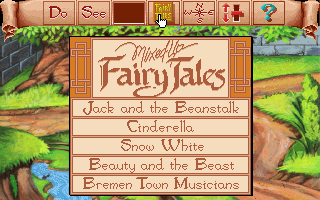 Mixed Up Fairy Tales (DOS) screenshot: Story menu - you will have to match characters to their tales through this screen. (MCGA/VGA)