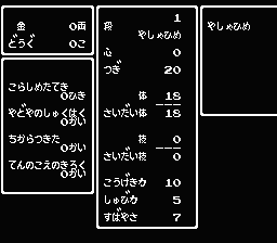 Momotarō Densetsu Gaiden (NES) screenshot: Stats screen