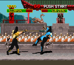 Mortal Kombat (SNES) screenshot: The classical Scorpion's harpoon.