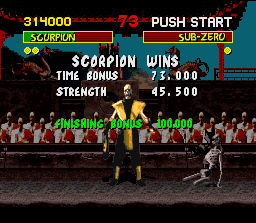 Mortal Kombat (SNES) screenshot: Scorpion's specialty: morph the kombatants in skeletons.