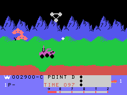 Moon Patrol (TI-99/4A) screenshot: Jumping a crater while aliens attack