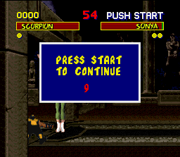 Mortal Kombat (SNES) screenshot: Some seconds you've to continue and strike back!