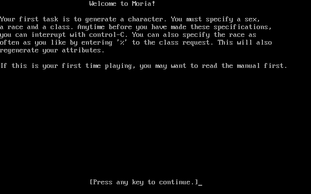 Moria (DOS) screenshot: The character generation's help screen.