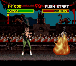 Mortal Kombat (SNES) screenshot: Sonia's Fatality: Kiss of Death.