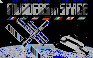 Murders in Space (DOS) screenshot: Title screen / language selection (Did you think it was the International Space Station, perhaps?) (VGA)