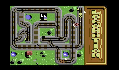 Locomotion (Commodore 64) screenshot: The train aimed for C is buffered here, so it can't hit the one aimed for A