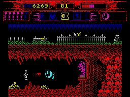 Myth: History in the Making (ZX Spectrum) screenshot: Shooting some fireballs onto a teleport ball.
