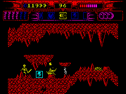 Myth: History in the Making (ZX Spectrum) screenshot: One hit of fireball and his skull is off!