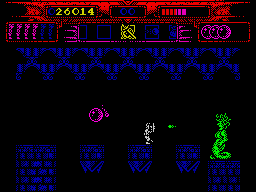 Myth: History in the Making (ZX Spectrum) screenshot: Using my shield to cover from the Medusa.