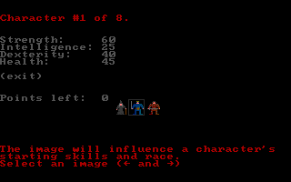 Nahlakh (DOS) screenshot: Character creation screen; need to make 8 of them, so it takes a while.