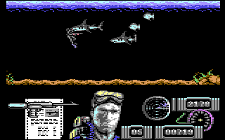 Navy Moves (Commodore 64) screenshot: Go for some shark-hunting but try not to lose your head.