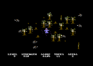 Necromancer (Commodore 64) screenshot: Up to level 3, due to the peak number of trees.