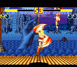 Fatal Fury 2 (SNES) screenshot: Andy Bogard uses his special uppercut against Mai Shiranui