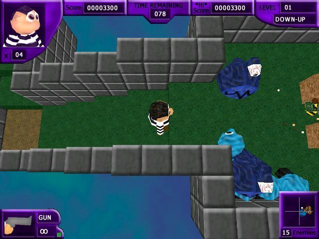 Psyworld (Windows) screenshot: As the player walks around the level they automatically collect cash/points by walking over the bills.<br>Ahead lie monsters