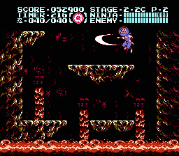 Ninja Gaiden III: The Ancient Ship of Doom (NES) screenshot: In this section of 2-2, the cavern is filling up with lava and you need to keep on top of it