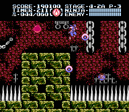 Ninja Gaiden III: The Ancient Ship of Doom (NES) screenshot: In stage 4-2, rows of spikes protrude from ceilings, floors, and walls but retract periodically