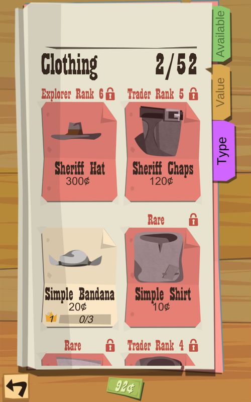 The Trail (Android) screenshot: Some of the clothing crafting options are locked until you reach the required rank for some of the four categories.