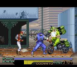 The Ninja Warriors (SNES) screenshot: Ninja throws a heavy-weight motorcycle in a guard, but the danger is soon behind him...
