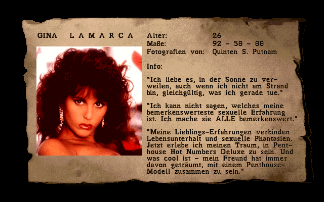 Penthouse Hot Numbers Deluxe (DOS) screenshot: Gina LaMarca's profile