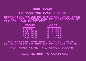 Footballer of the Year (Atari 8-bit) screenshot: Buying goal cards