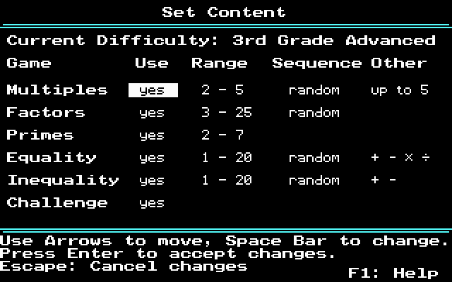 Number Munchers (DOS) screenshot: Determine what type of content you want to play with.