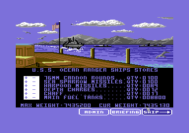 Ocean Ranger (Commodore 64) screenshot: Stocking up the ship - extra items weigh you down