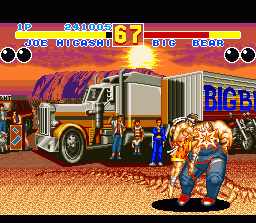 Fatal Fury 2 (SNES) screenshot: Joe Higashi plants his knee in Big Bear's face