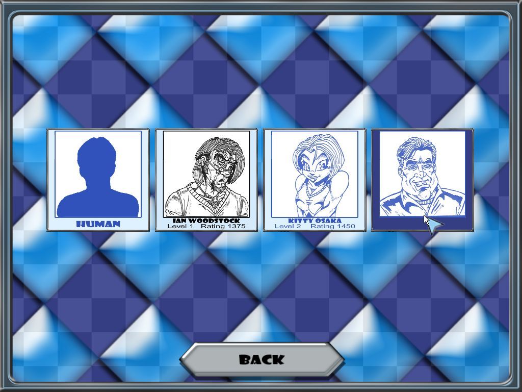 3D Chess (Windows) screenshot: The available opponents<br>It is possible to select human vs human here<br>This shot comes from a 'lite' version of the game, the full game has eleven AI opponents