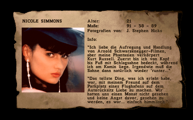 Penthouse Hot Numbers Deluxe (DOS) screenshot: Nicole Simmons` profile