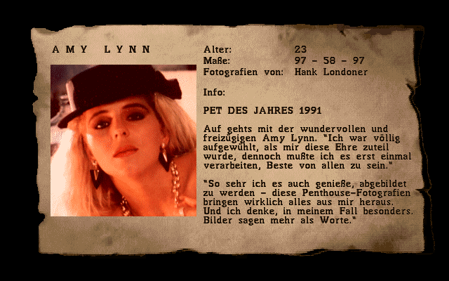 Penthouse Hot Numbers Deluxe (DOS) screenshot: Amy Lynn's profile