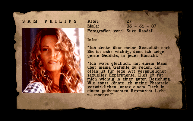 Penthouse Hot Numbers Deluxe (DOS) screenshot: Sam Philips` profile