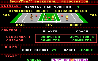 Omni-Play Basketball (DOS) screenshot: You can set up some game options. (VGA)